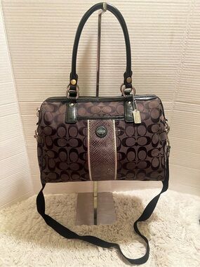 Coach Gray Taylor Signature Satchel with Black Trim and Python Print Stripe